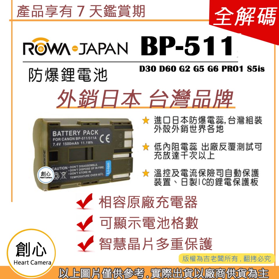 創心 ROWA 樂華 CANON BP511 BP-511 電池 D30 D60 G2 G5 G6 PRO1 S5is