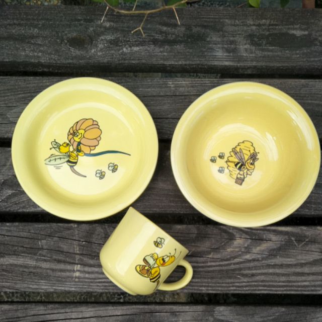 【MarsC】義大利帶回Kid's Factory蜜蜂圖案黃色陶瓷杯盤三件組