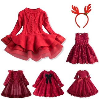 現貨送髮箍·10 款新年紅色耶誕洋裝3-8 歲幼兒女孩蕾絲薄紗設計女嬰洋裝