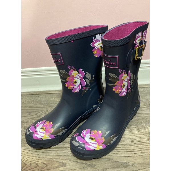 Miolla 英國品牌Joules 黑底花朵中筒雨鞋/雨靴