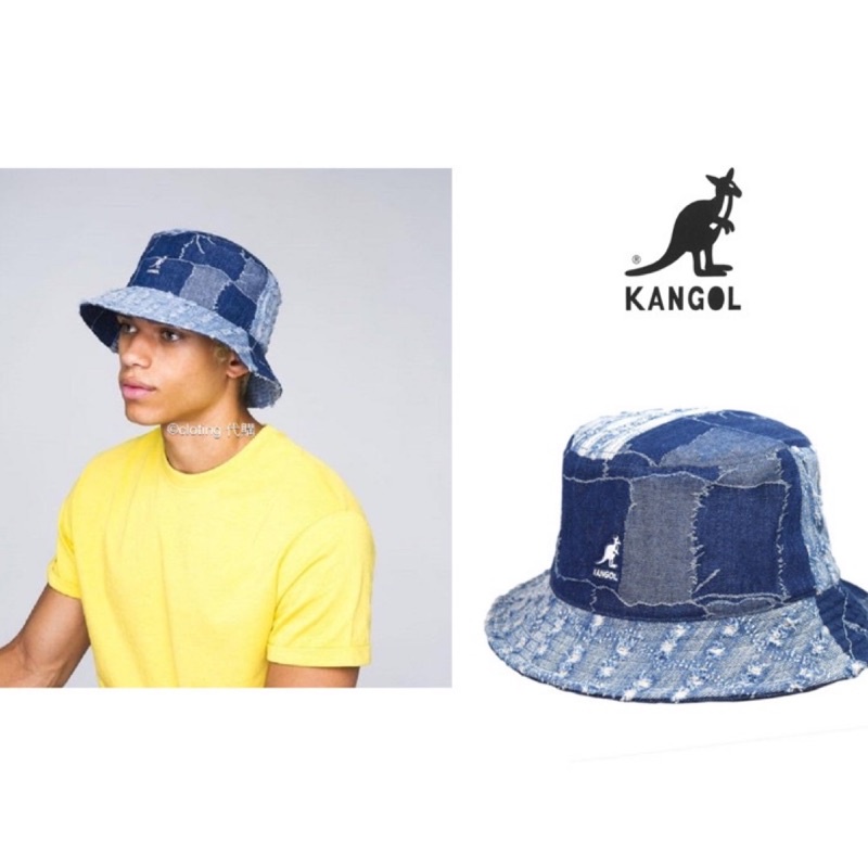 袋鼠KANGOL Logo distressed denim bucket hat牛仔拼接 牛仔帽 漁夫帽 拼布