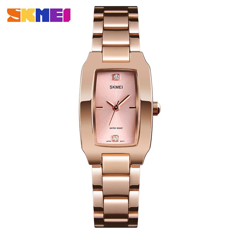 Skmei 1400 品牌豪華女士手錶矩形錶盤優雅石英日本女士手錶金色不銹鋼手鍊手錶