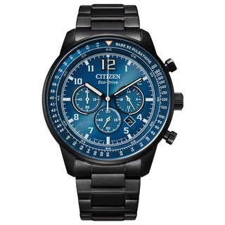 CITIZEN Chronograph 光動能三眼計時碼錶防水100米腕錶（藍面黑鋼帶）44mm CA4505-80L