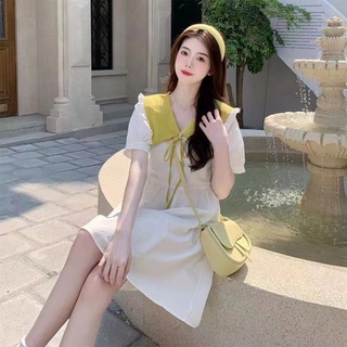 短袖洋裝 小禮服 沙灘裙 小個子連身裙娃娃領收腰繫帶撞色拼接顯瘦氣質a字裙女MB045-A 衣時尚