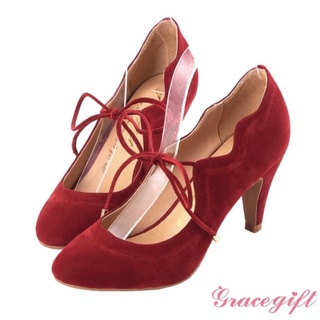（原價1,200)Grace gift 花瓣造型車線綁帶跟鞋 高跟鞋 紅鞋