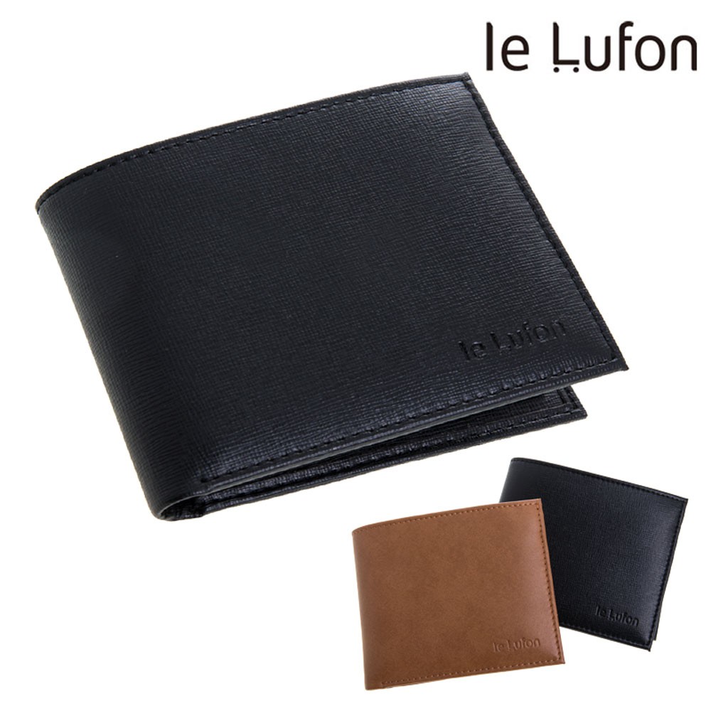 【le Lufon】黑色雅痞十字紋皮革可折式子母短夾/男夾/零錢包/卡夾