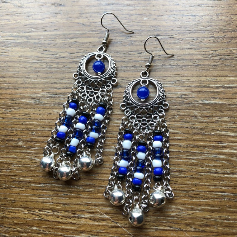 Jin’s handmade / 原住民 原民風 「藍」 藍玉髓 陶珠鈴鐺 垂墜式耳環