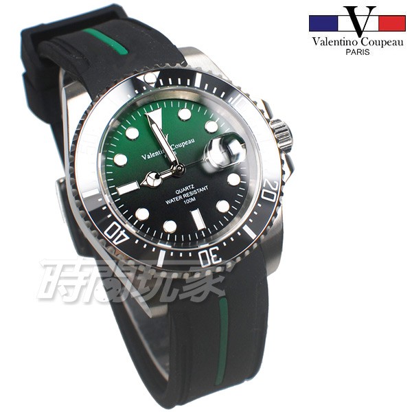 valentino coupeau 范倫鐵諾 夜光時刻 不鏽鋼 防水 男錶 潛水錶 水鬼 石英錶 V61589膠漸綠G