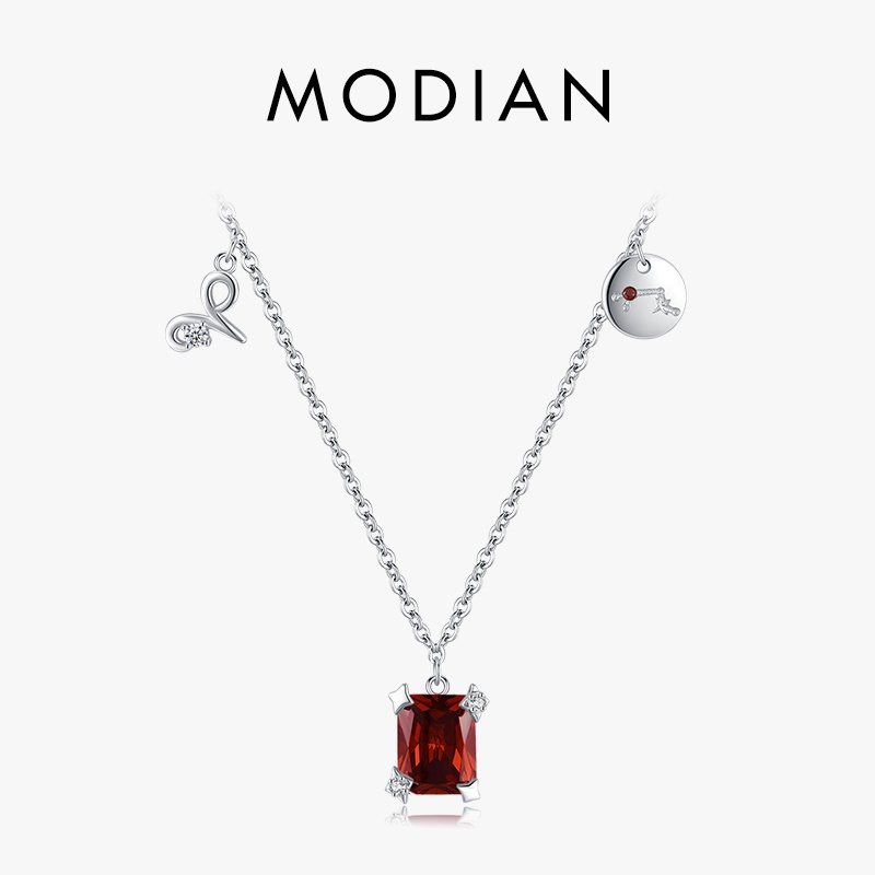 Modian 925 純銀精美十二星座紅色氧化鋯白羊座項鍊吊墜女士高級珠寶禮品