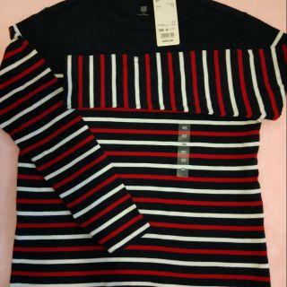 上衣拼色條紋學生長袖洋氣上衣圓領套頭針織打底衫百貨專櫃uniqlo（全新）