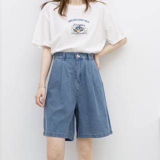 【🍒櫻桃大尺碼】M-5XL 大尺碼短褲 藍色直筒牛仔短褲女夏季新款百搭高腰寬松闊腿五分中褲薄