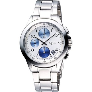agnes b. 浪漫花漾法式計時腕錶-白x藍圈/39mm 7T92-0LY0L(BF8328P1)