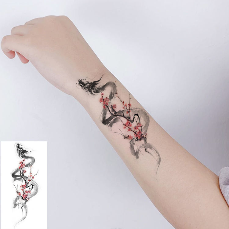 男女防水梅花龍紋身貼手腕腳踝鎖骨水墨彩蒼龍彩色持久圖案刺青貼 蝦皮購物