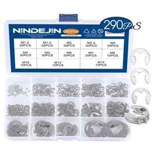 NINDEJIN 290pcs/盒裝E型卡簧墊圈分類套件304不銹鋼1.2-15 mm外部固定環夾用於皮帶輪軸