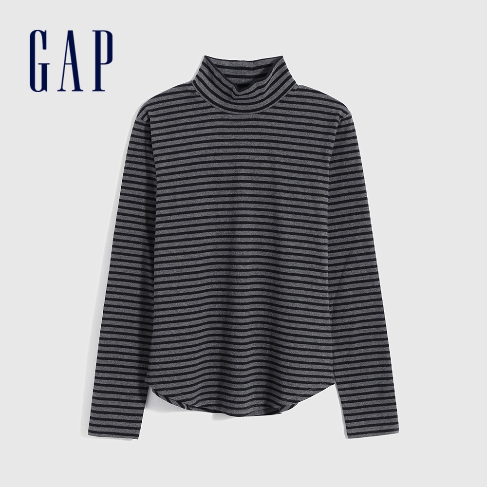 Gap 女裝 高領修身長袖T恤 厚磅密織碳素軟磨系列-灰色條紋(736135)