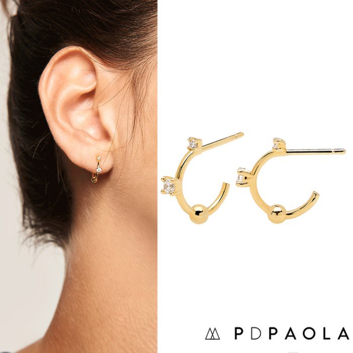 PD PAOLA 西班牙時尚潮牌 鑲鑽C型耳環 金色小圓耳環 925純銀鑲18K金 KAYA GOLD