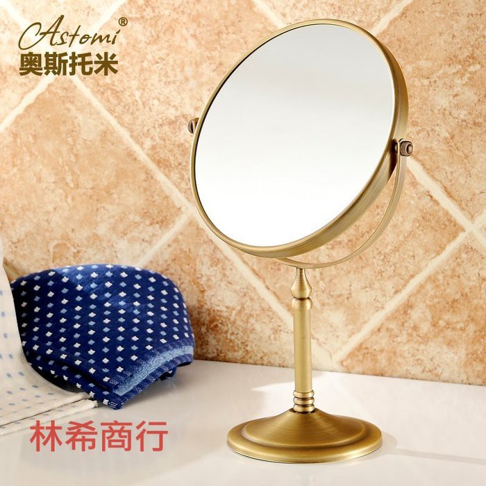 桌上鏡 立鏡 古銅 銅鏡 金色 復古 古典 工業風 鏡子 20公分 放大鏡 雙面鏡 全銅 現貨 金色 台中 化妝鏡 手持