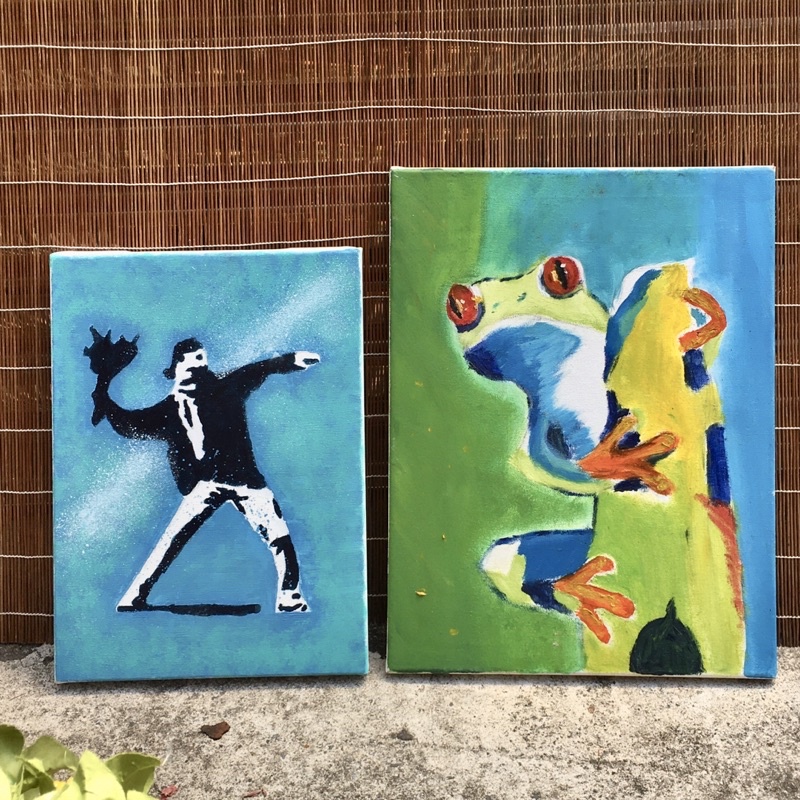 畫作 Banksy 扔花男孩 樹蛙 壓克力顏料畫作 畫 牆面裝飾 掛畫 班克斯 青蛙