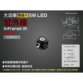 EHE】大功率5W雙晶片隱視IR紅外線940nm LED顆粒【不含鋁基】5H1R9。完全隱視無紅點，適夜視儀器補光