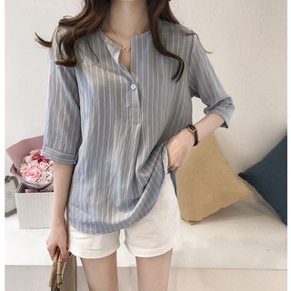 【Joybuy】韓系襯衫夏裝新款韓版大碼寬鬆顯瘦休閒七分袖上衣條紋襯衣 臺灣出貨