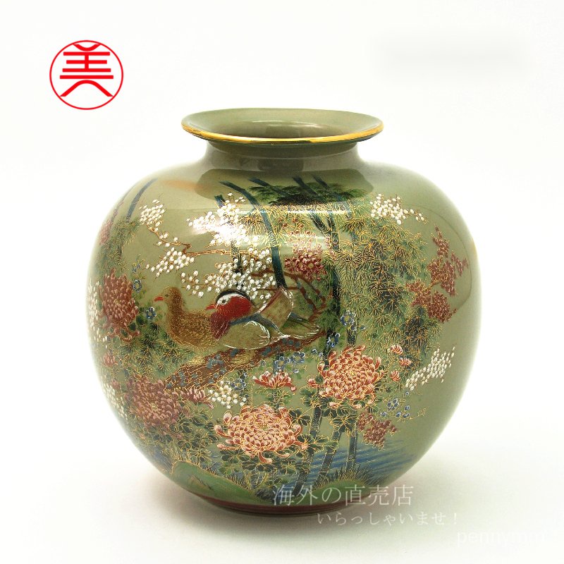 日本進口九谷燒竹林鴛鴦陶瓷花器花瓶擺件工藝品插花