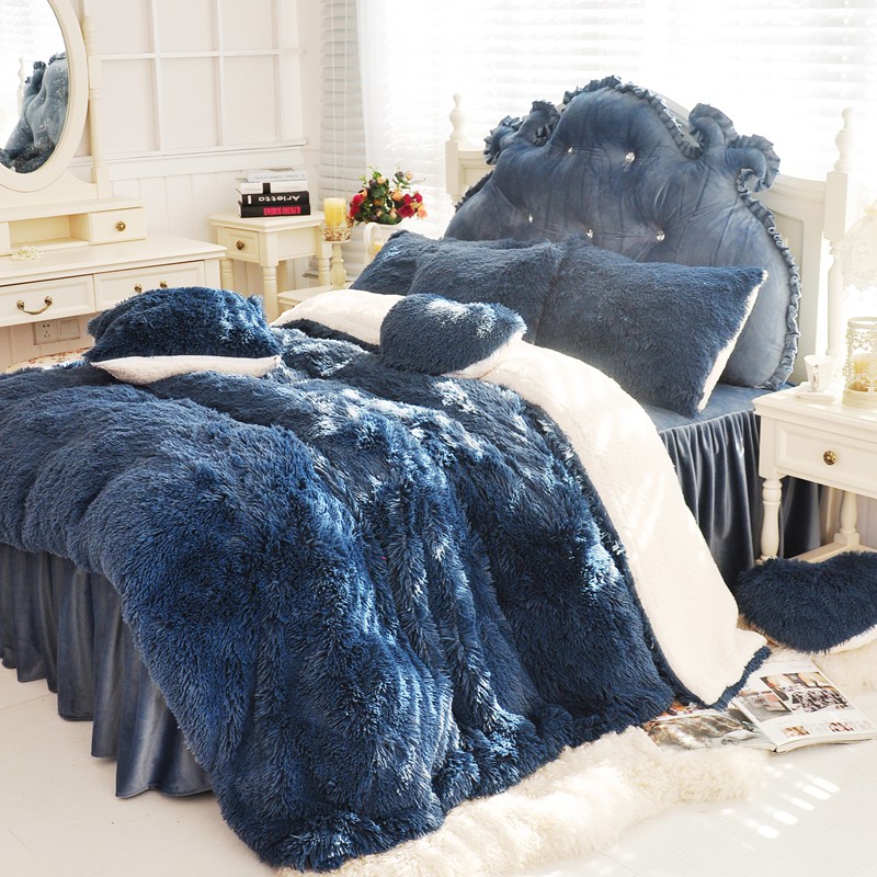 法蘭絨 羊羔絨 深藍色 床罩組 公主風床罩 床裙組 加大雙人 加大床裙 不靜電 不起毛球