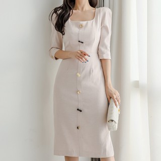 韓版 輕熟方領 精緻氣質 小資OL 連身裙洋裝