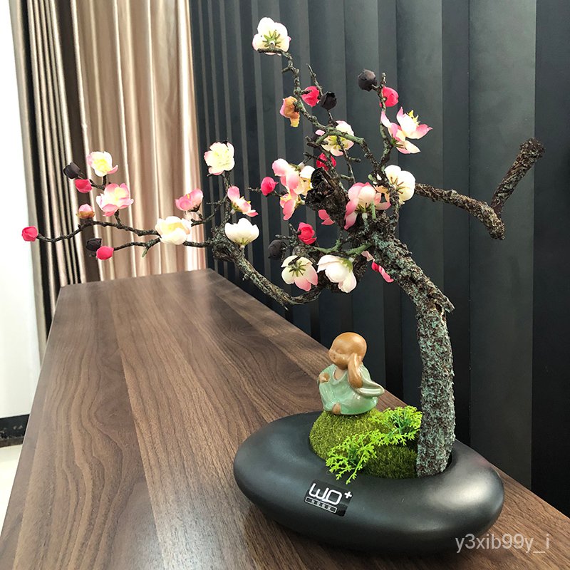 【家具裝飾擺件】樣板間裝飾仿真臘梅陶瓷花瓶新中式花藝書房擺件客廳餐桌假花絹花