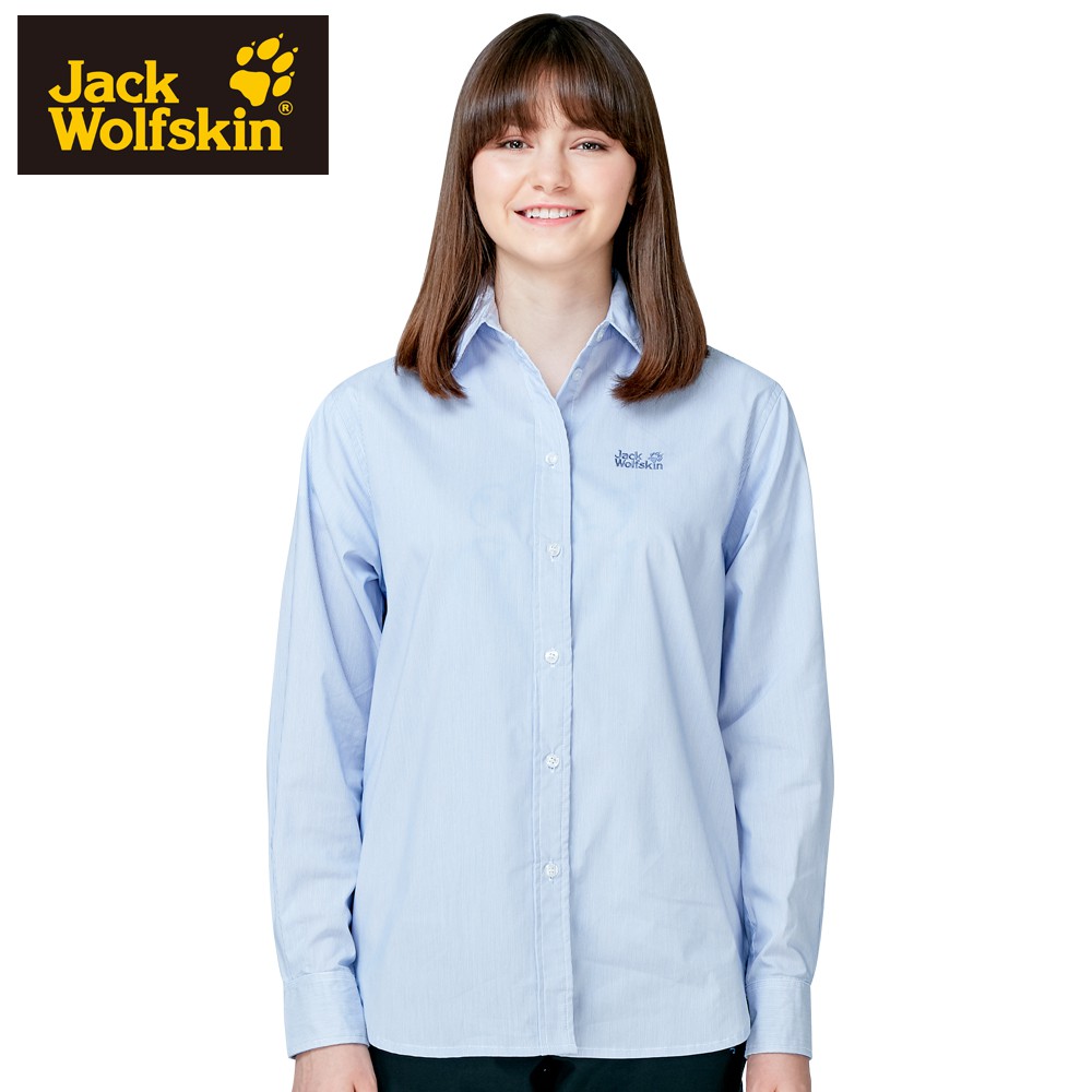 【Jack wolfskin 飛狼】女 排汗長袖襯衫寬鬆長版『粉藍條紋』.