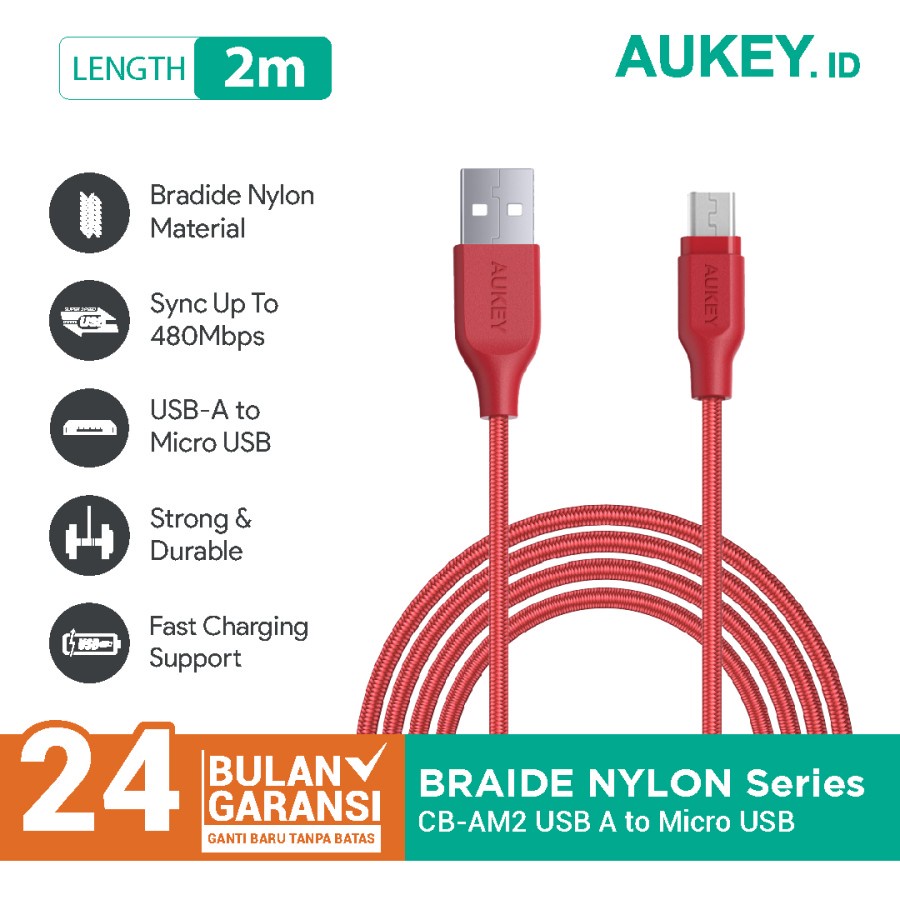 2m Micro Aukey CB-AM2 電纜高性能編織紅色 500297