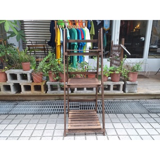 (現貨)原木碳化咖啡三層折疊花架.置物架.展示架.木製花架.(碳化咖)