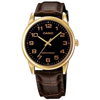 CASIO / 卡西歐 簡約紳士 數字刻度 壓紋皮革手錶 黑x金框x深褐 / MTP-V001GL-1B / 38mm