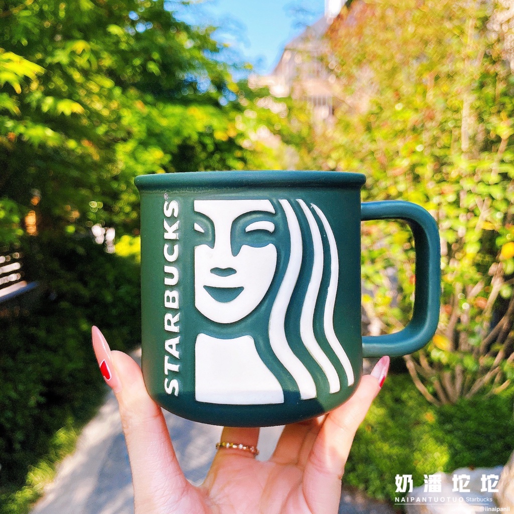 Starbucks官方正品！星巴克杯子墨綠色女神款陶瓷馬克杯家用珍珠奶茶奶昔茶水杯咖啡杯320ml