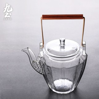 九土耐熱玻璃燒水壺煮水壺日式手工耐熱加厚玻璃燒水壺泡茶壺養生壺實木提樑電陶爐茶具家用大容量提樑壺透明茶壺CHR0608