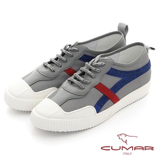 【CUMAR】真皮拼接異材質簡約線條鑽飾休閒鞋-灰色