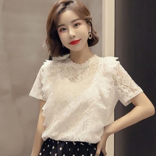 韓版短袖蕾絲襯衫 氣質款鏤空上衣 女生衣著 顯瘦時尚減齡ins潮洋氣小衫打底襯衣上衣