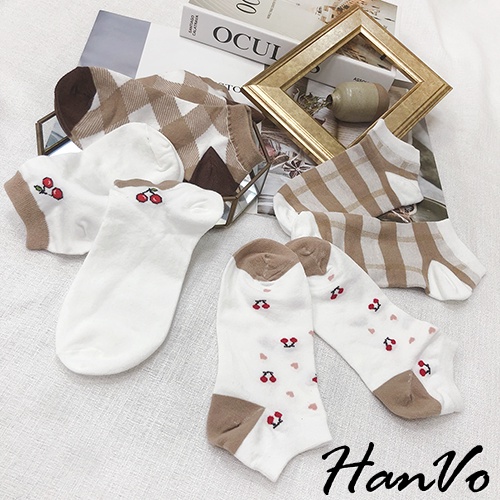 【HanVo】特調櫻桃咖啡棉質短襪 韓系簡約百搭舒適棉質襪 韓國潮流時尚休閒襪 女生配件 A12-6127