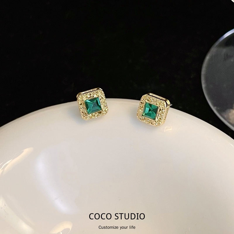 COCO STUDIO S925銀針夏季ins風小清新耳環簡約小巧幾何綠色耳環迷你耳飾