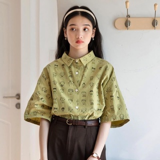 復古卡通印花Polo領襯衫女夏季新款日系學院風襯衣寬鬆短袖上衣潮