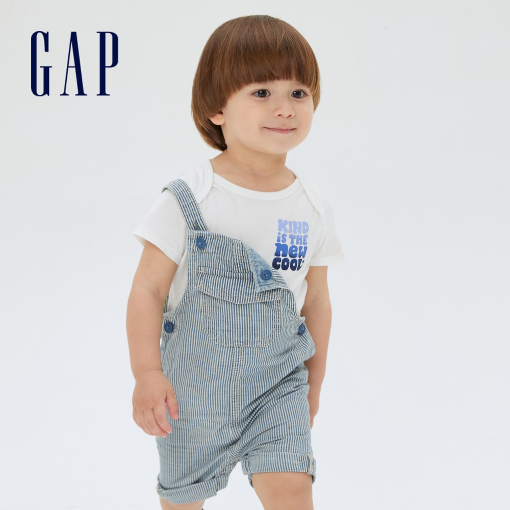 Gap 嬰兒裝 工裝純棉捲邊吊帶短褲-藍色細條紋(754771)