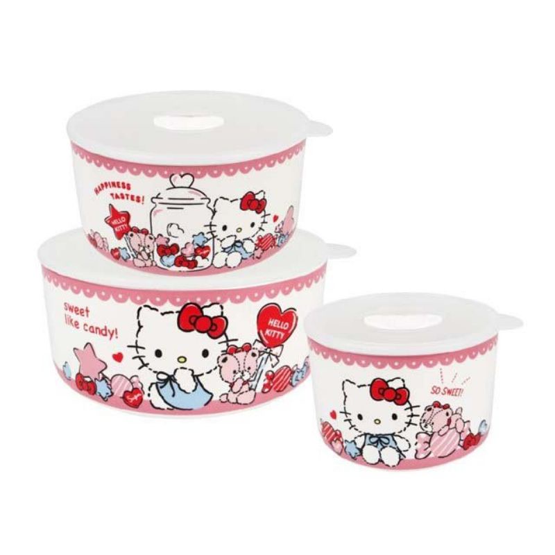 花見雜貨~台灣限定 全新 正版 kitty 凱蒂貓 3入保鮮碗 瓷器 陶瓷 保鮮盒 便當盒 大中小3入組 糖果款
