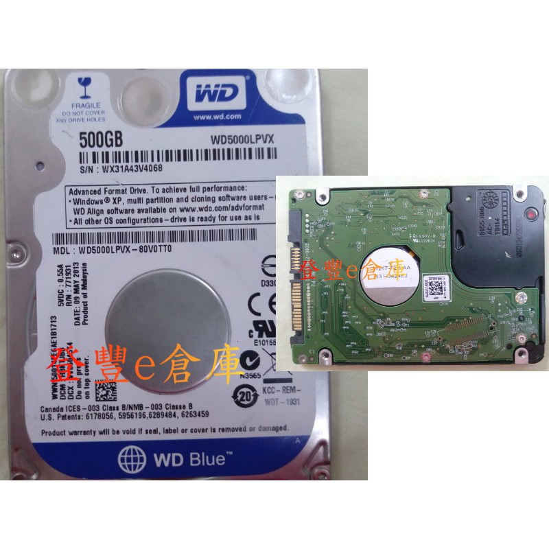 【登豐e倉庫】 F869 WD5000LPVX-80V0TT0 500G SATA3 救資料 修硬碟 地震搖晃 也修電視