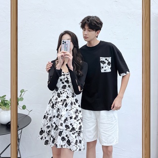 【COUPLE】❤❤2022夏季掛脖碎花露肩氣質情侶裝女吊帶連衣裙短袖上衣男