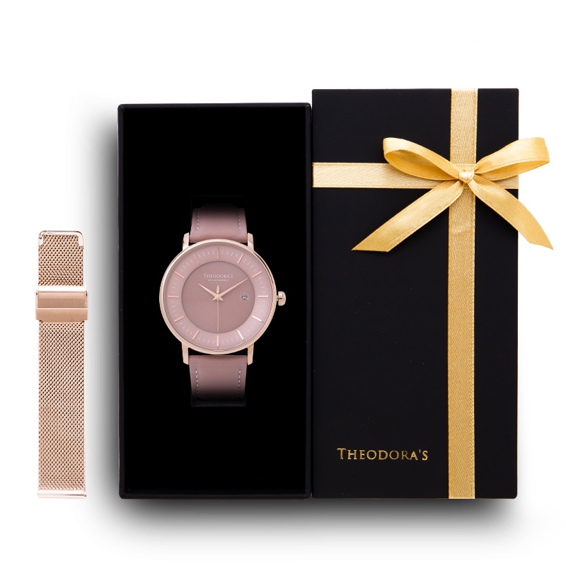 【THEODORA'S】限定禮盒Aurora手錶+替換錶帶2入組-簡約珊瑚粉-真皮珊瑚粉【希奧朵拉】