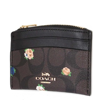 COACH 經典C logo/花卉卡片零錢包 防刮PVC皮革 卡片夾 信用卡夾 零錢包 C7386 深咖啡色(現貨)