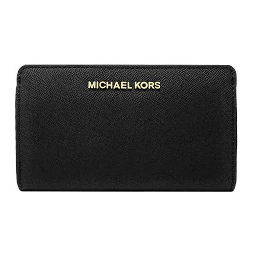 正版/Michael Kors/MK/JET SET TRAVEL 字母LOGO防刮牛皮兩折扣式中夾/黑色/皮夾