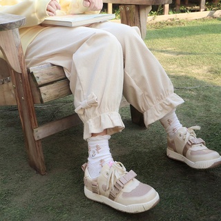 日系可愛軟妹杏色黃色花邊蝴蝶結燈芯絨休閒寬鬆長褲直筒褲