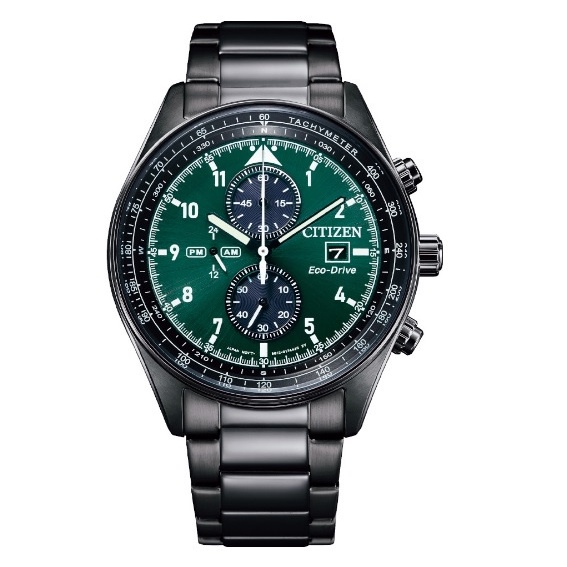 【CITIZEN 星辰】光動能三眼計時腕錶-黑x綠 42.5mm CA0775-87X