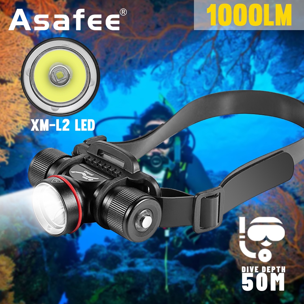 Asafee DH06 可拆卸潛水頭燈 1000LM XM-L2 LED 潛水手電筒 USB 可充電防水 50M 深度潛