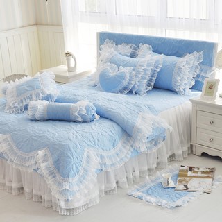 雙人鋪棉床罩組 北歐 雲歌 淺藍色 蕾絲床罩組 兩用被床罩組 鋪棉兩用被床罩組